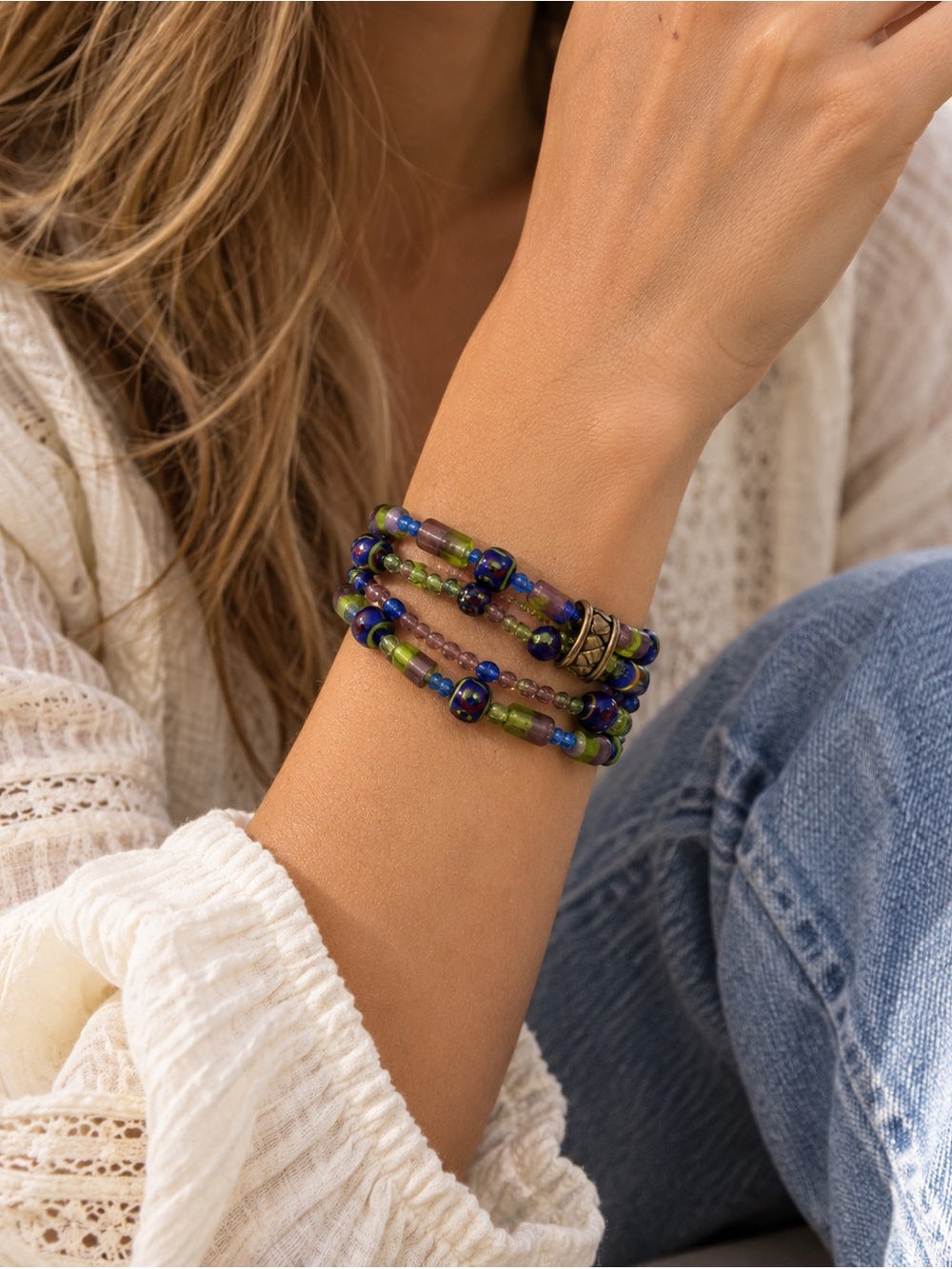 Vintage Y2K Multicolor Beaded Wrap Bracelet Blue Green Purple